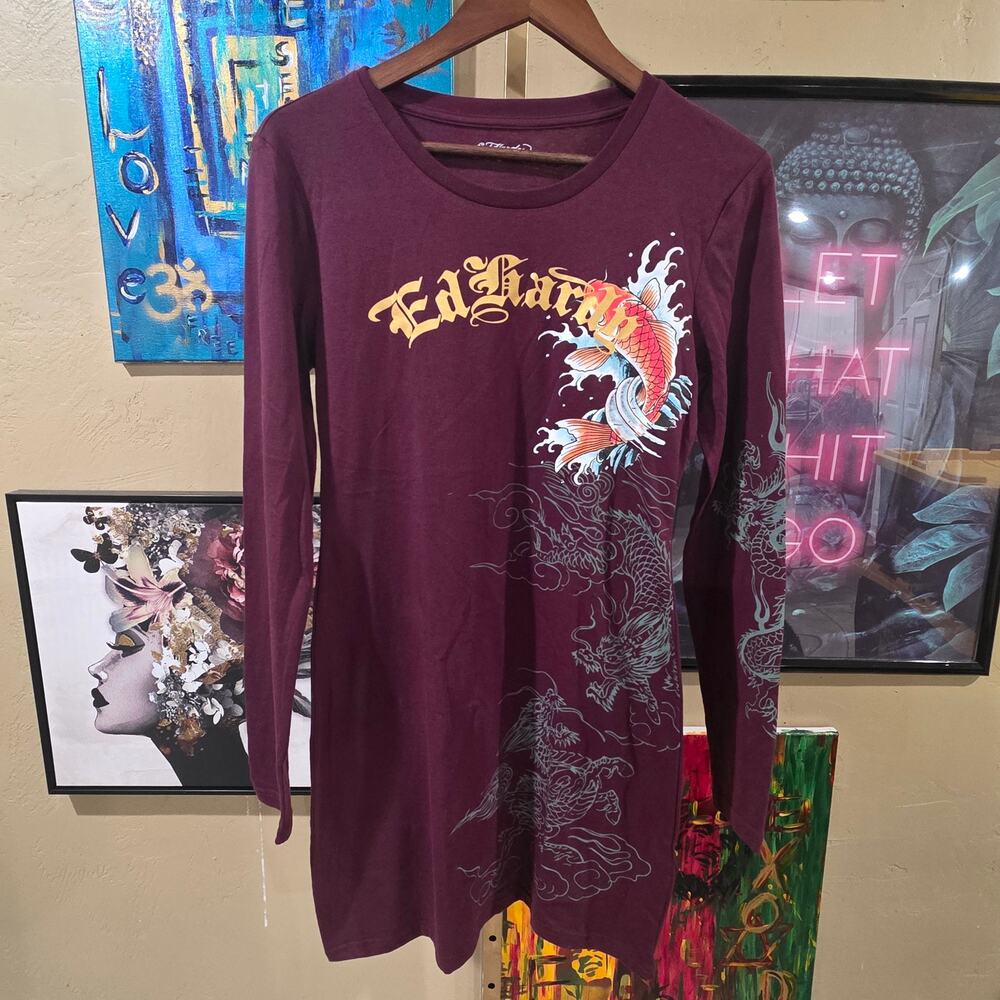 NWT Ed Hardy Deadstock Woman's Purple Grunge Coi Bodycon Dress Size Large